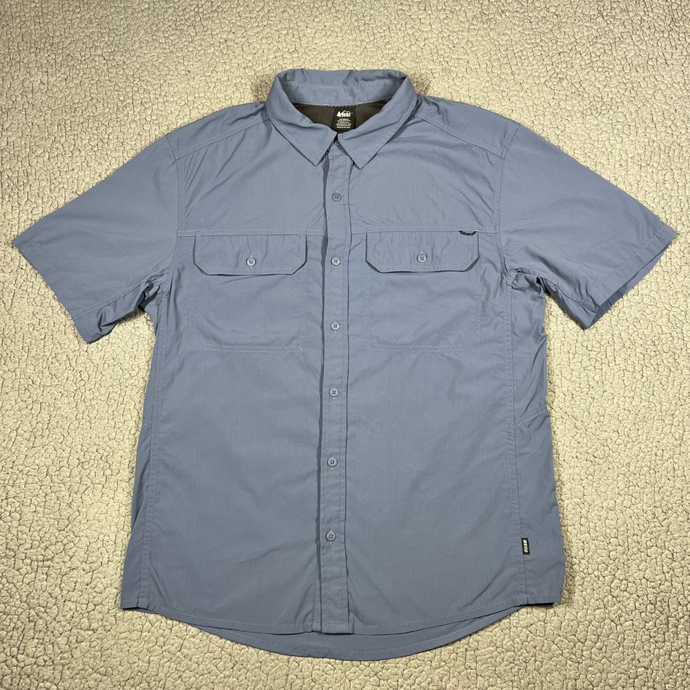 REI Co-op Sahara Button Down Shirt Mens Blue Gray Short Sleeve Hiking Medium